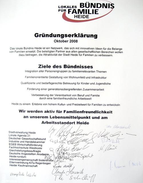 Gründungserklärung 2008 für Lokales Bündnis für Familie Heide